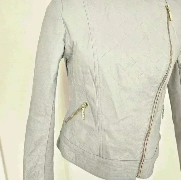 Stunning Women's Gray Quilted 100% Leather Moto Jacket - Size Small - Picture 13 of 15